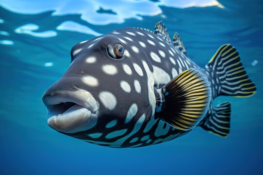Clown Triggerfish swimming in the open ocean