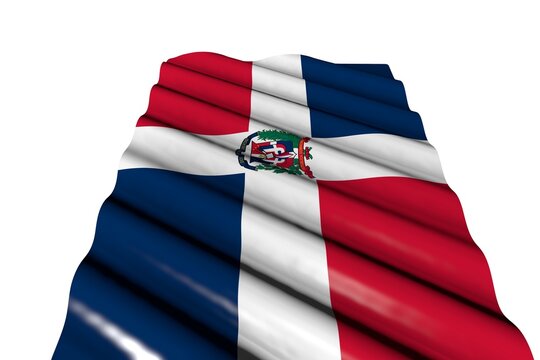beautiful shining flag of Dominican Republic with big folds lay isolated on white, perspective view - any occasion flag 3d illustration..
