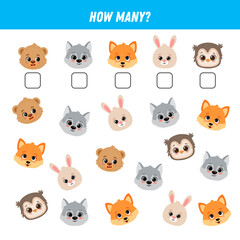 How many forest animals are there. Count the number of animals face. Math worksheet for kids. 