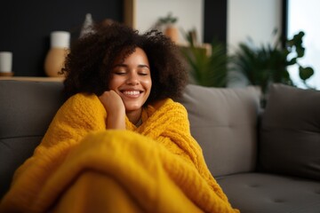 Beautiful black woman sitting on couch wrapped under yellow blanket and smiling. Cheerful african american woman relaxing at home. Woman freezes in wintertime. Cozy and comfortable warm winter concept