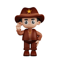 3d Character Sheriff Pointing Up Pose. 3d render isolated on transparent backdrop.