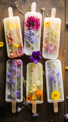 Homemade popsicles with wildflowers and wildflowers on wooden background