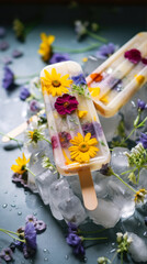 Homemade popsicles with wildflowers and ice on dark background