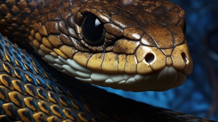 Fototapeta premium Snake close up macro. Snake eye close up macro. Beautiful dangerous snake 3D wallpaper, studio shooting. Brown snake. Generative ai.