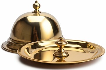 Fototapeta na wymiar Isolated golden tray and cloche with clipping path. Generative AI