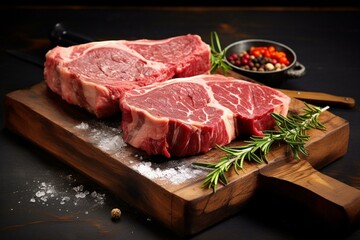 Raw steak: rib eye and entrecote, dry aged and barbecued. Generative AI - obrazy, fototapety, plakaty