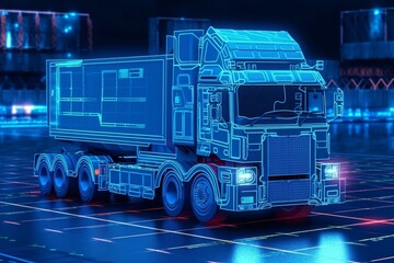 Fototapeta na wymiar 3d rendering of a blue truck in warehouse with reflection on floor. Truck on the background of the night city. Modern truck with a trailer. Transportation and logistics concept. Logistics technology.