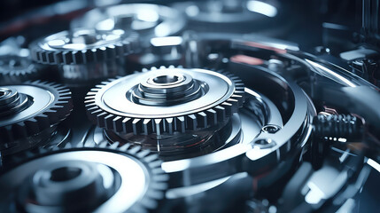 Business process abstract wallpaper, teamwork creative concept. Cogwheels, metal shiny gears movement. 3d render illustration style.
