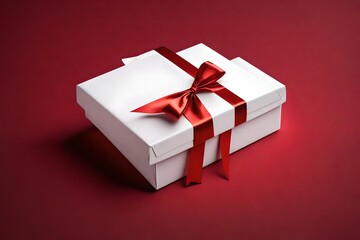 Blank white gift box open or top view of white present box tied with red ribbon bow isolated on dark red background with shadow minimal conceptual 3D 