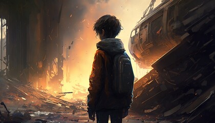 boy experiences a crisis that makes them question, walking alone in the street on fire generative ai	