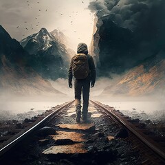 teen experiences a crisis that makes them question, walking alone on the railway with backpack into the mountains generative ai	 - obrazy, fototapety, plakaty