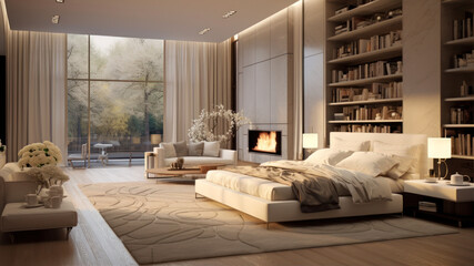 3d rendering of a modern bedroom with a fireplace in the background