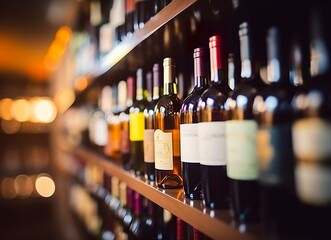 Abstract blur wine bottles on liquor alcohol shelves in supermarket store background. - obrazy, fototapety, plakaty