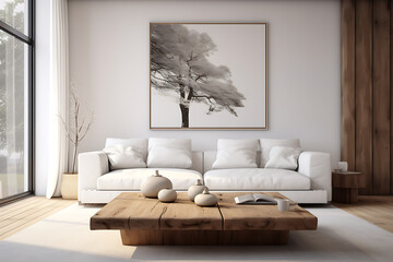 Fototapeta na wymiar Scandinavian home interior design of modern living room. Cosy seating area, perfect minimalist mock up.