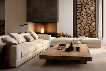Scandinavian home interior design of modern living room. Large fireplace, cosy seating area. Minimalist.