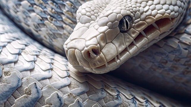 White python close up. White snake close-up. Portrait of a white python Portrait of a white snake. Generative ai.