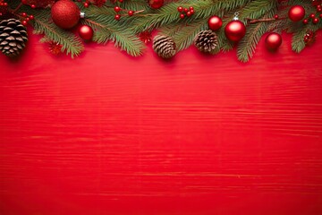 Fototapeta na wymiar Christmas or New Year red background with fir decor.