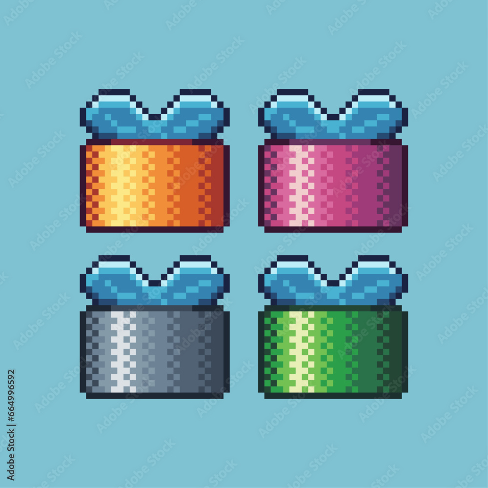 Poster pixel art sets of gold gift box with variation color item asset. simple bits of golden gift box pixe