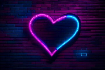 Neon heart with a glow on the background of a dark brick wall. Neon sign pink and blue