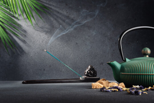 Green asian iron teapot