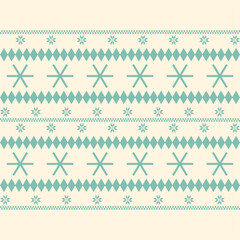 Christmas and New Year seamless pattern. Fair Isle flat knitting pattern in blue and white with Scandinavian snowflakes for winter hat, sweater, jumper, paper or other designs.