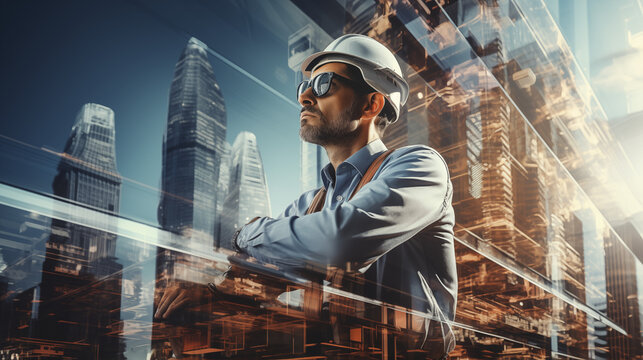 double exposure image of an engineer and skyscraper