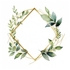 Watercolor geometry shape wreath with green leaf.
