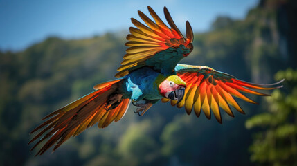 Flying parrot in the wild - obrazy, fototapety, plakaty
