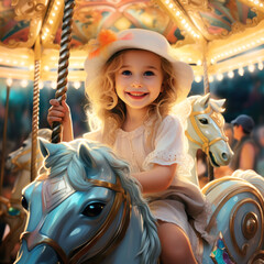Fototapeta na wymiar Kid girl having fun on a carnival carousel at an amusement park