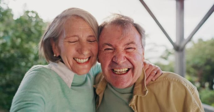 Happy, smile and face of senior couple hugging, kissing and bonding for love and care together. Happiness, excited and portrait of elderly man and woman in retirement embracing in an outdoor garden.