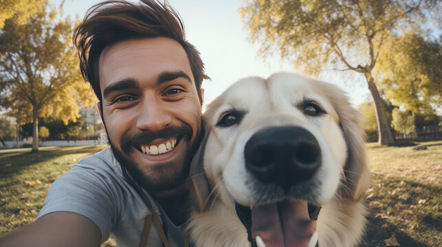  Happy man taking selfie with his dog in a park Generative Ai
