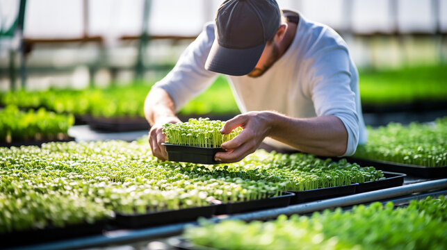A farmer tending to trays of microgreens in a greenhouse, providing the ideal environment for year-round growth