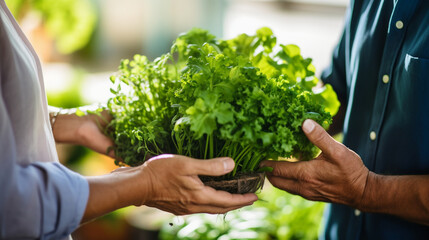 A microgreens farmer's market vendor handing a customer a bundle of freshly cut, crisp greens, radiating health and vitality