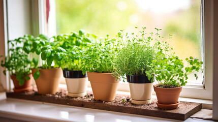 A tranquil windowsill herb garden, featuring microgreens alongside other herbs like parsley and thyme, adding a touch of greenery to a city apartment