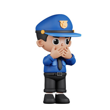 3d Character Policeman Affraid Pose. 3d render isolated on transparent backdrop.