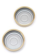 Two Opened Empty Tin Cans Isolated on White Background. Clean Used Aluminum Cans - Isolation. Non-Degradable Inorganic Waste