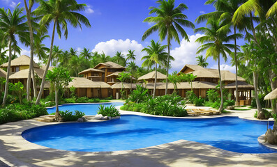 A photo sun loungers near palms and swimming pool in sunny day.