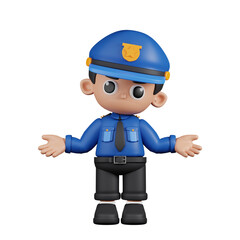 3d Character Policeman Doing The No Idea Pose. 3d render isolated on transparent backdrop.