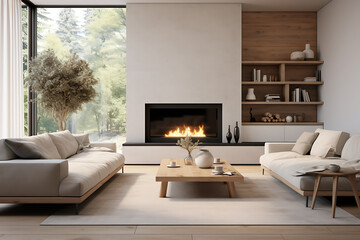 Scandinavian home interior design of modern living room. Cosy seating area, large fireplace, perfect minimalist mock up.