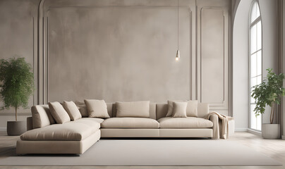 Contemporary Loft Living Room Interior Design: Beige Sofa by a Stucco Wall with Ample Copy Space