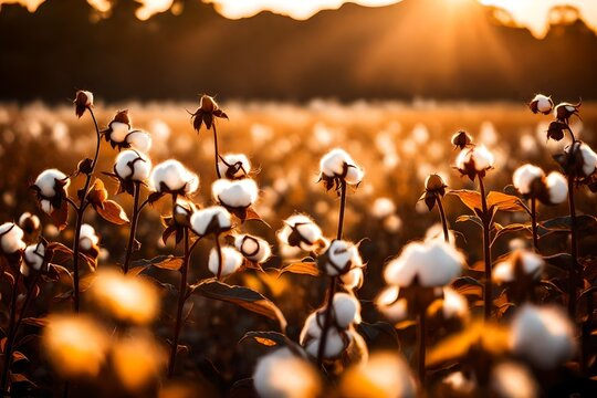 Warm golden hour light and a cotton field certified by Fair Trade at sunset
