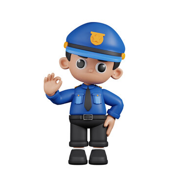 3d Character Policeman Giving Ok Sign Pose. 3d render isolated on transparent backdrop.
