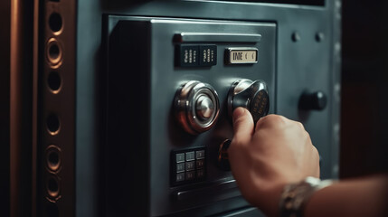 Naklejka premium Close - up of a hand placing a random code into a security safe with a digital keypad lock