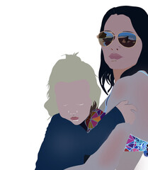 Woman with baby. Young mother with a child. Drawing of a super cool mom in sunglasses. Transparent background