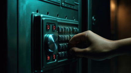 Close - up of a hand placing a random code into a security safe with a digital keypad lock