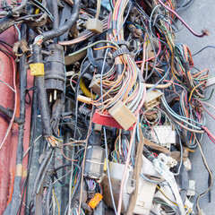 a lot of old car wiring removed from the engine for further repairs - obrazy, fototapety, plakaty
