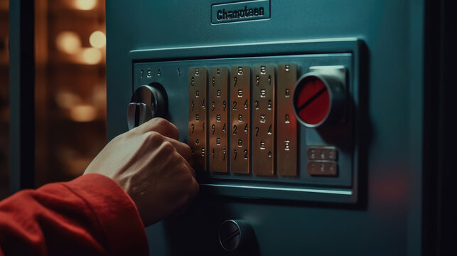 Close - up of a hand placing a random code into a security safe with a digital keypad lock