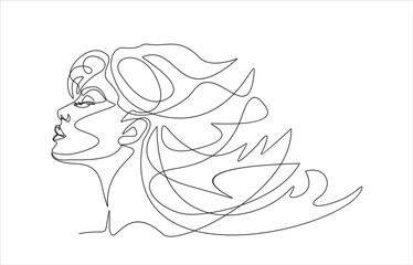 One line face. Continuous linear sketch woman face. Female portrait black white artwork outline vector hand drawn illustration. Modern art girl head for beauty salon logo
