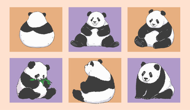 Cute Cartoon Pandas Sitting and Eating Bamboo Leaves
