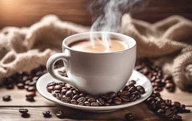 Poster Light photo, in white and beige tones. Cup of hot coffee with steam on a wooden background. Coffee beans. Cozy homely atmosphere in pastel colors. This photo was generated using Playground AI © Lena_Fotostocker